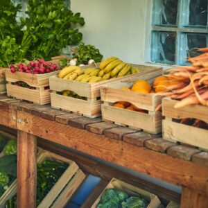 Seasonal Veggie Box — assorted colorful organic vegetables in a rustic wooden crate