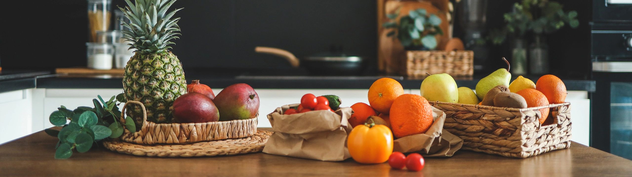 Fresh fruit arrangement on a wooden table